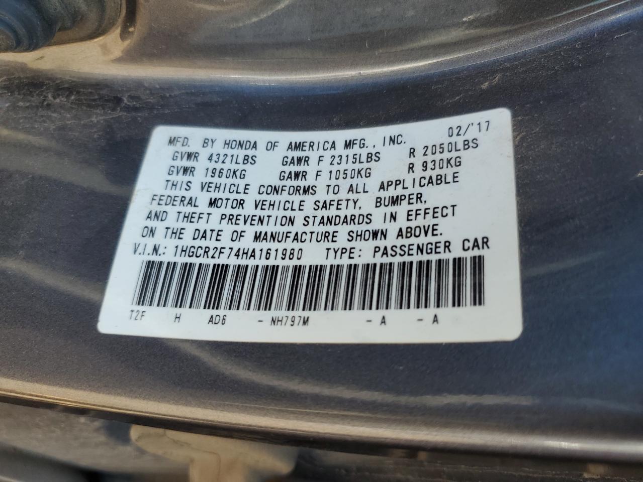 1HGCR2F74HA161980 2017 HONDA ACCORD - Image 12